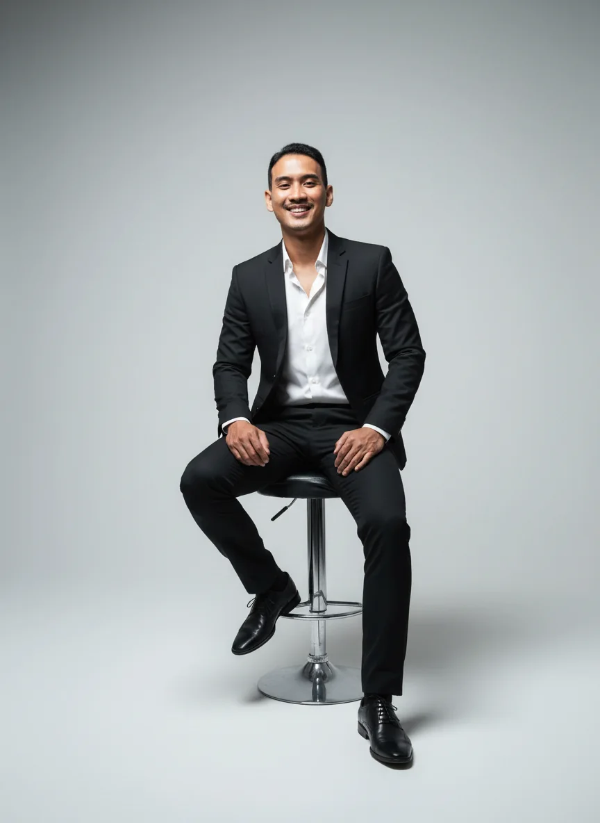 Natan Chris Sherafido seated against a light grey studio background